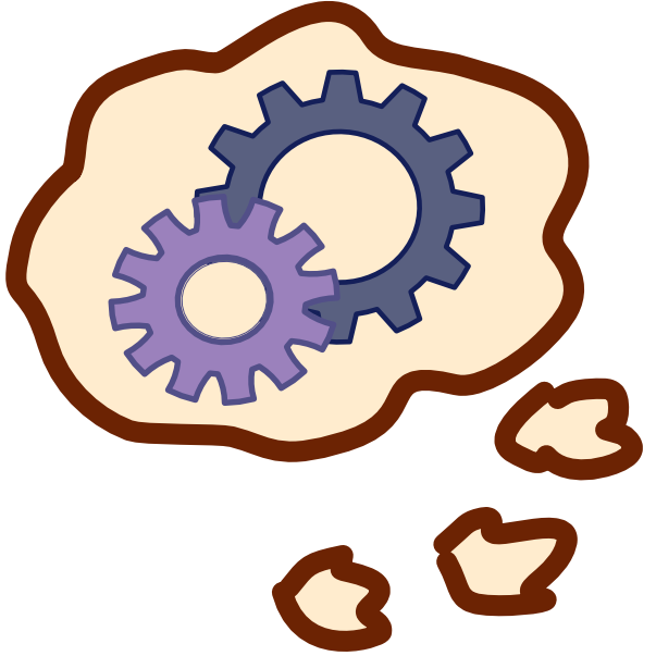 A thought bubble with 3 trailing clouds and two gears inside. One gear is a grey blue the other a washed out purple. 